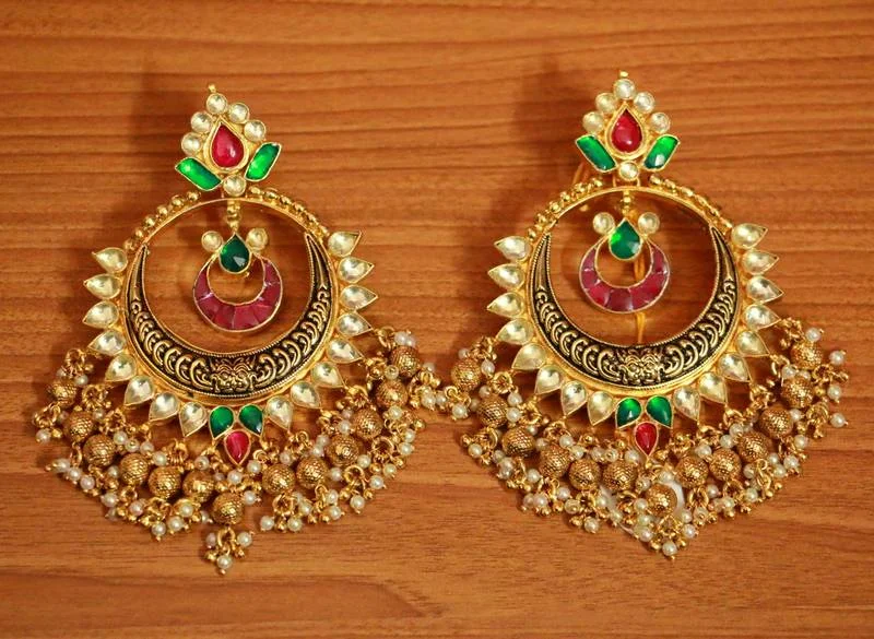 luxury earrings for women -RUBY & EMERALD KUNDAN POLKI ANTIQUE GOLD CHANDBALI EARRINGS