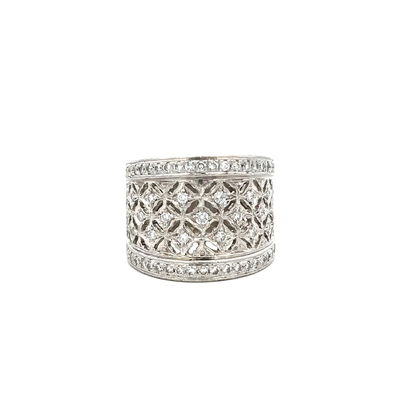 custom rings for women -Estate Platinum 0.84ctw Diamond Hand Engraved Multi Row Ring