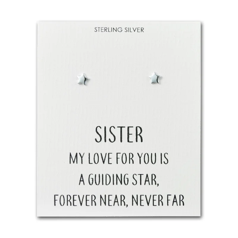 vintage drop earrings for women -Sterling Silver Sister Quote Star Earrings