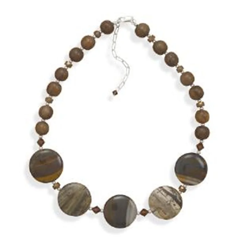 stunning necklaces for women -Round Zebra Jasper, Crystal, and Wood Bead Necklace Sterling Silver