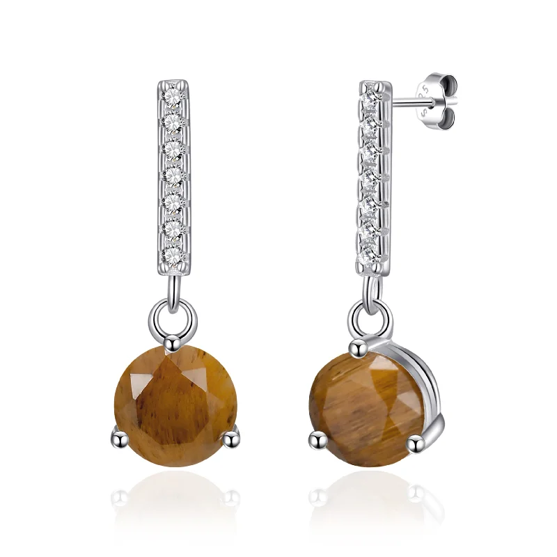 modern earrings for women -Sterling Silver Tigers Eye Gemstone Drop Earrings