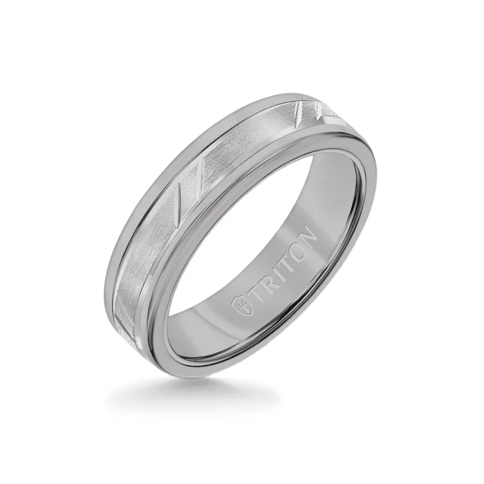 family birthstone rings -6MM Grey Tungsten Carbide Ring - Bevel Diagonal Cut 14K White Gold Insert with Round Edge