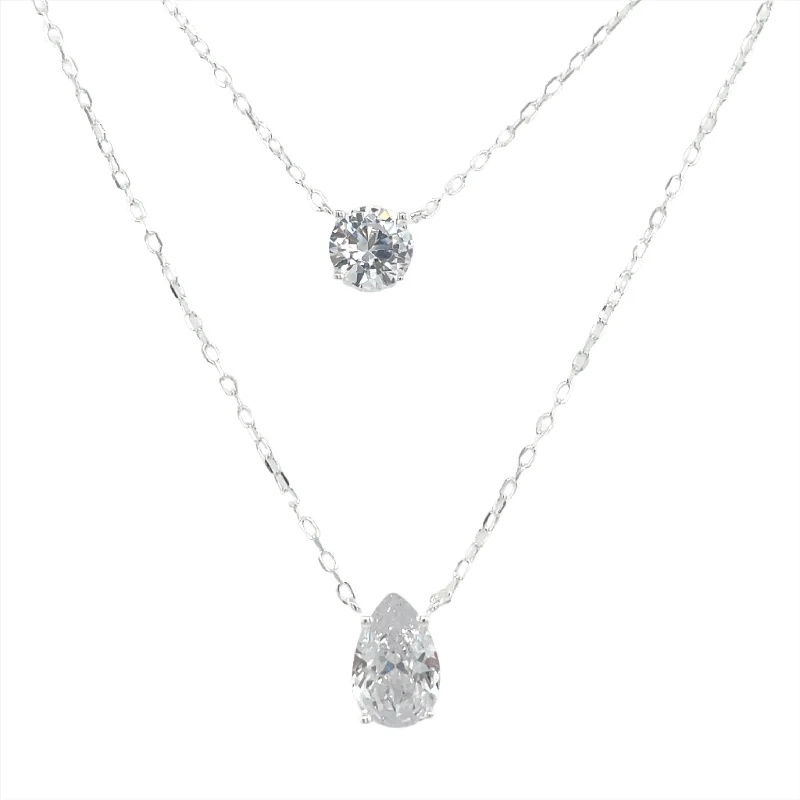 gemstone necklaces for women -Sterling Silver Double Layer Pear & Round Cz Necklace