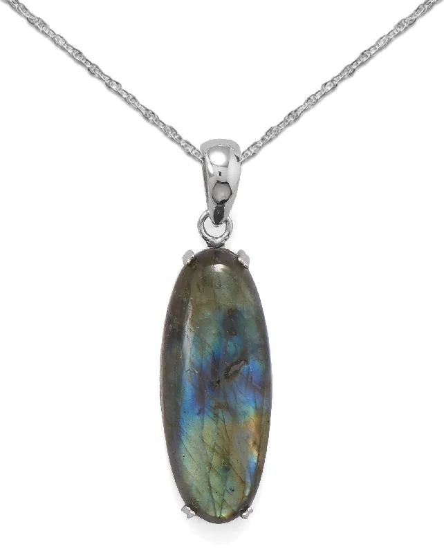 classic pearl necklaces for women -Sterling Silver Labradorite Necklace Large Oval with Rope Chain