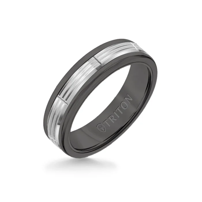 luxury rings for women -6MM Black Tungsten Carbide Ring - Serrated Vertical Cut 14K White Gold Insert with Round Edge