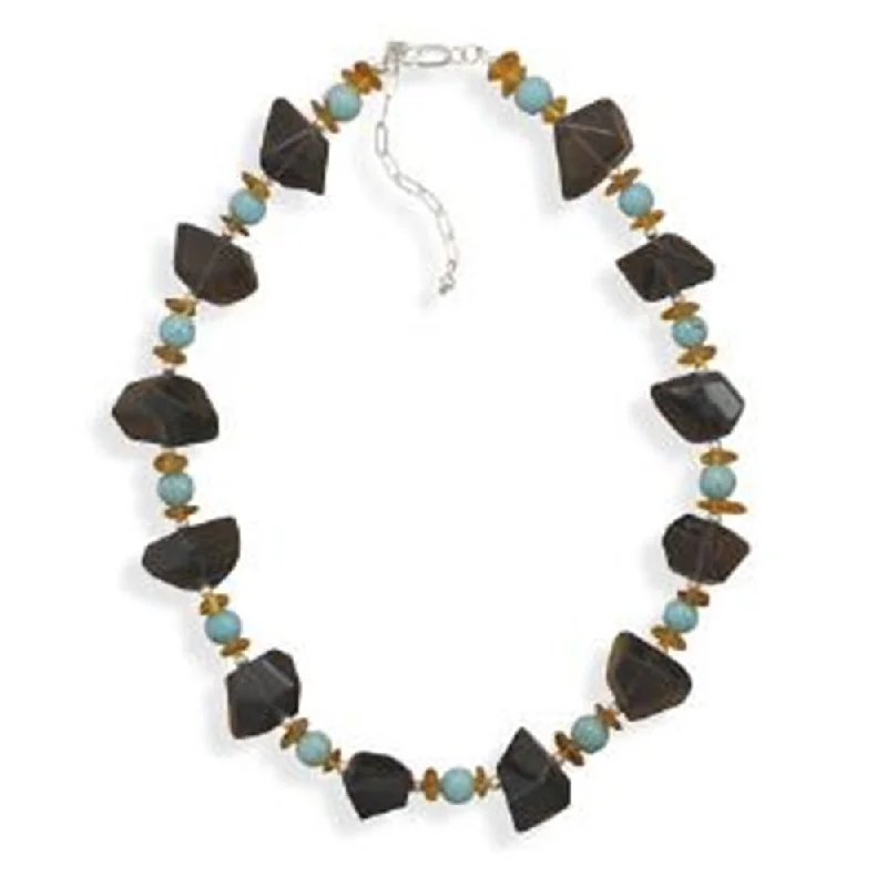 chic necklaces for women -Smoky Quartz, Reconstituted Turquoise and Baltic Amber Necklace Sterling Silver - Made in the USA