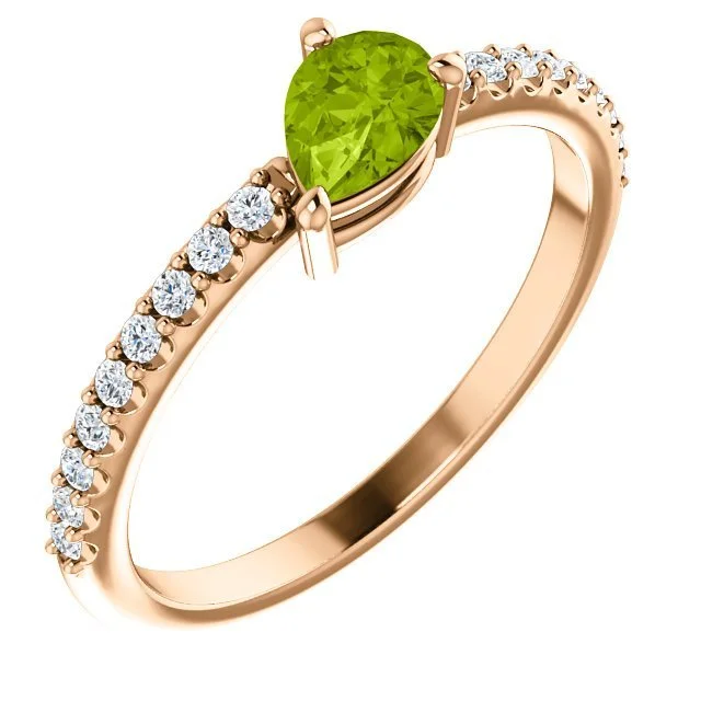 bold rings for women -14KT GOLD PEAR SHAPE PERIDOT & 1/6 CTW DIAMOND STACKABLE RING