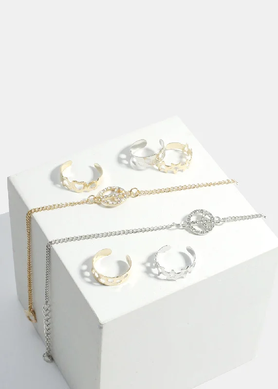 trendy engagement rings -Sparkly Peace Sign Anklet & Toe Rings Set