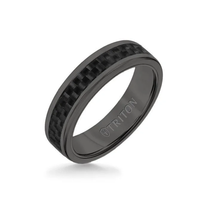 floral engagement rings -6MM Black Tungsten Carbide Ring - Twill Carbon Fiber Insert with Round Edge