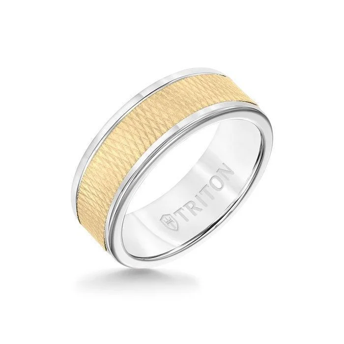 diamond wedding rings -8MM White Tungsten Carbide Ring - Criss Cross 14K Yellow Gold Insert with Round Edge