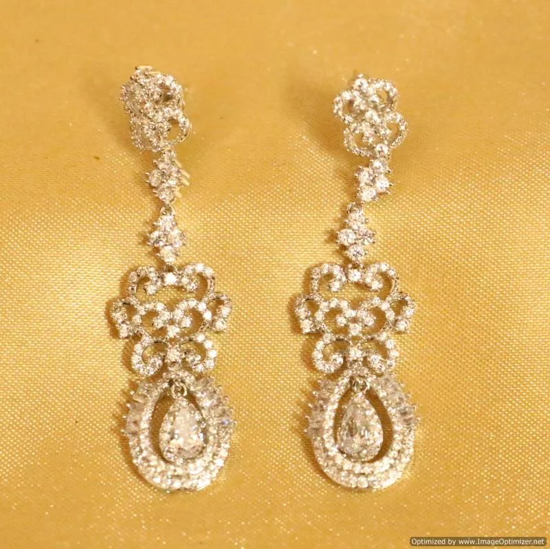 dangle earrings for women -Diamond Look White Gold Plated Danglers