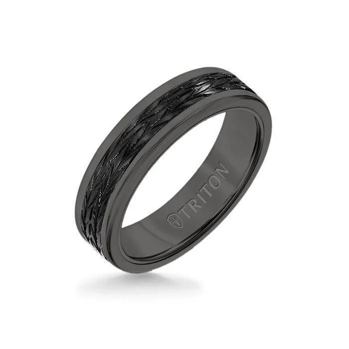 timeless wedding rings -6MM Black Tungsten Carbide Ring - Tire Tread Black Titanium Insert with Round Edge