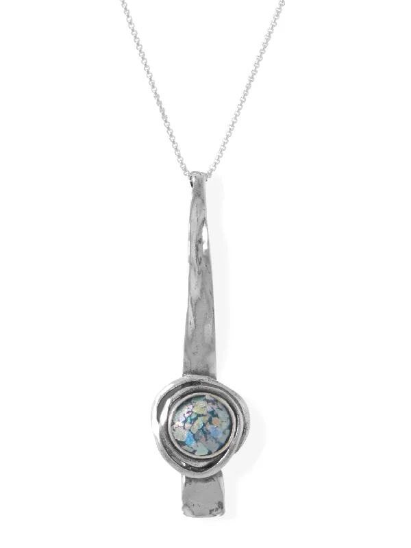 luxurious necklaces for women -Roman Glass Necklace Textured Bar and Concentric Circle Drop Sterling Silver