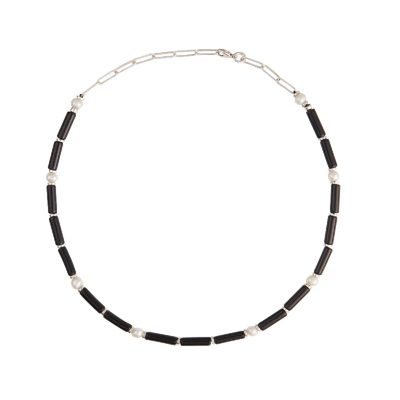 vintage-style necklaces for women -Black Onyx Silver Necklace w. Pearls