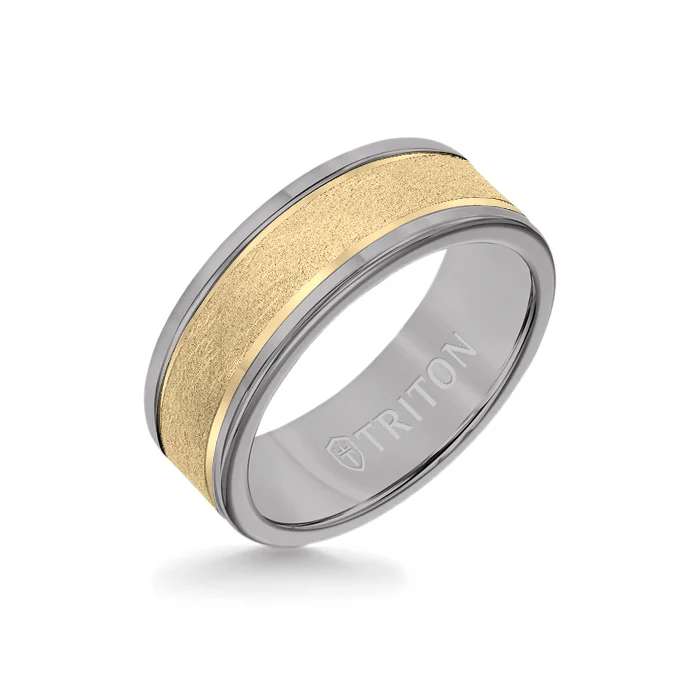 gold stacking rings -8MM Grey Tungsten Carbide Ring - Crystalline 14K Yellow Gold Insert with Round Edge