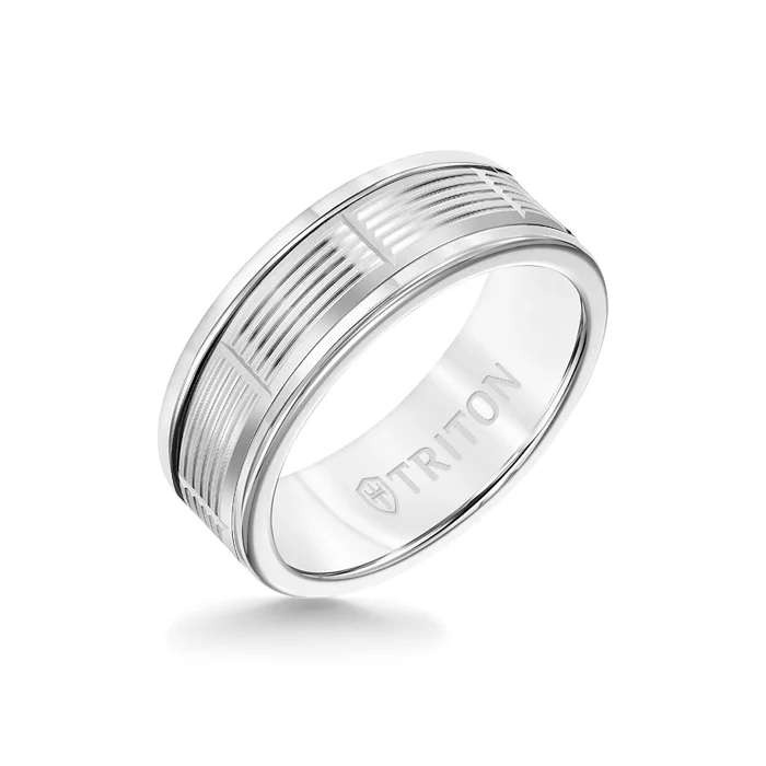 birthstone rings for women -8MM White Tungsten Carbide Ring - Serrated Vertical Cut 14K White Gold Insert with Round Edge