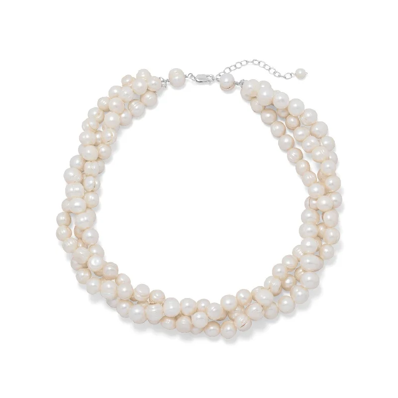 sparkling necklaces for women -Three Strand Torsade Cultured Freshwater Pearl Necklace Sterling Silver Adjustable Length