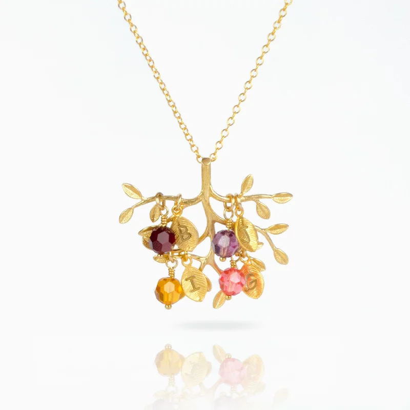 dainty gold necklaces for women -Family Tree Necklace with Kids Birthstone Crystals and Initials