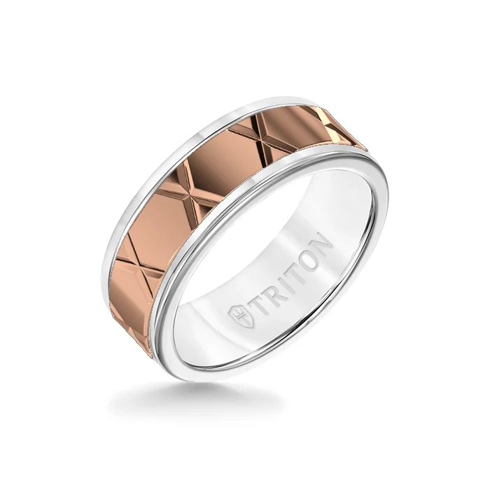 rose gold rings for women -8MM White Tungsten Carbide Ring – StarX 14K Rose Gold Insert with Round Edge