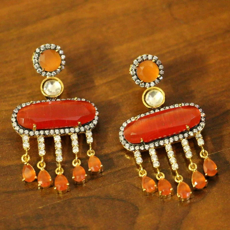 trendy drop earrings for women -Orange American Diamonds Onyx Yellow Gold Danglers Drops