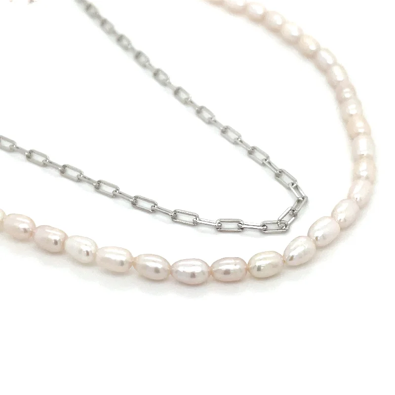 bridal choker necklaces for women -Sterling Silver Double Layer Pearl and Rectangular Link Necklace