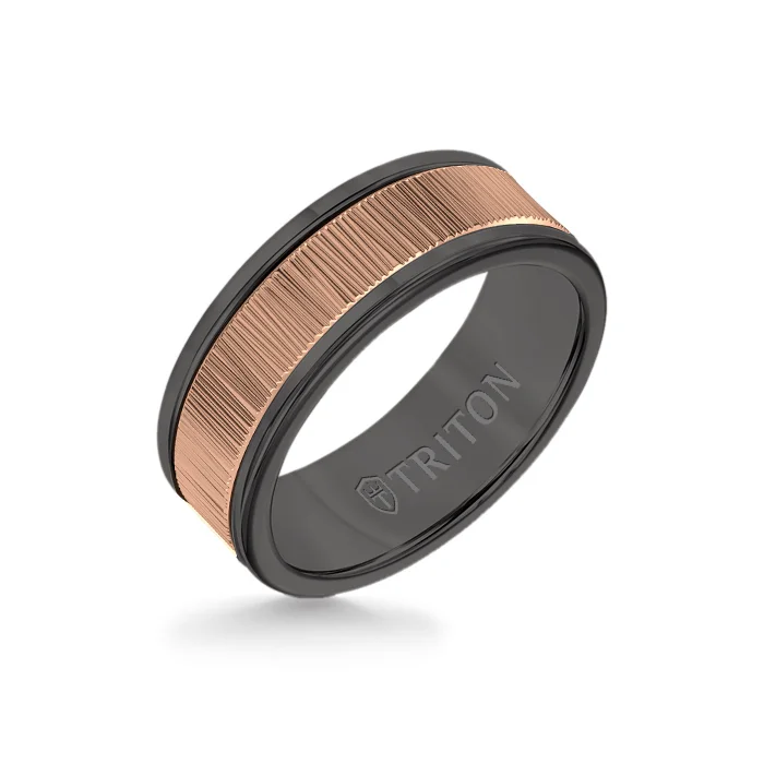 promise rings for women -8MM Black Tungsten Carbide Ring – Vertical Geometric 14K Rose Gold Insert with Round Edge