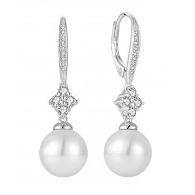 custom earrings for women -Synthetic Pearl Hoop Earrings with Cubic Zirconia in Sterling Silver