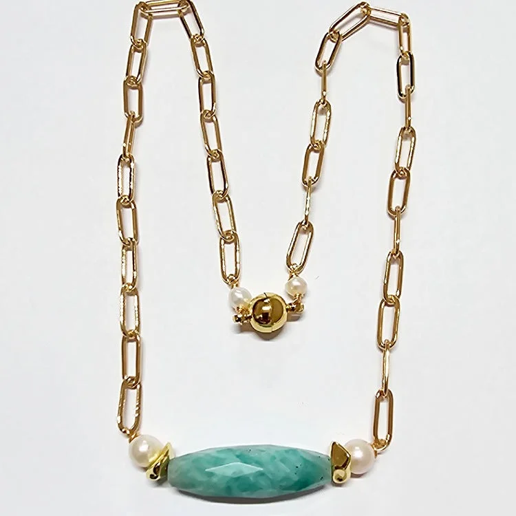 layered gemstone necklaces for women -GOLD PLATED CHAIN NECKLACE WITH AMAZONITE