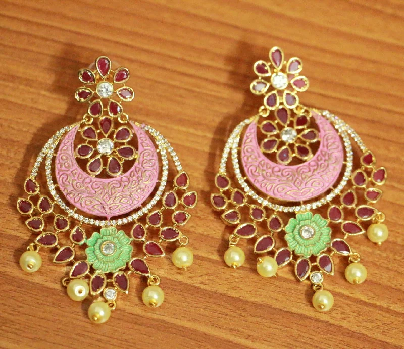 classic pearl earrings for women -Ruby Kundan Look Pink & Green Meenakari Danglers