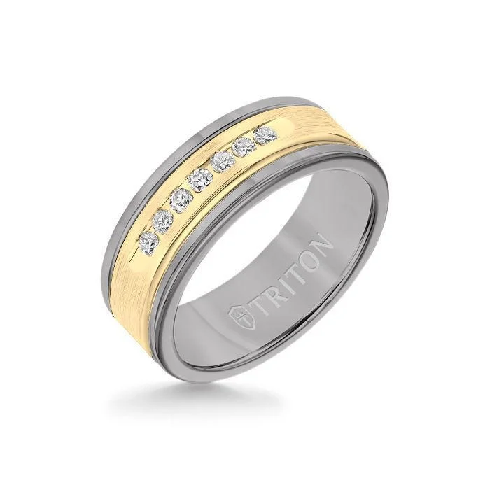 dainty rings for women -8MM Grey Tungsten Carbide Ring - White Diamonds 14K Yellow Gold Insert with Round Edge