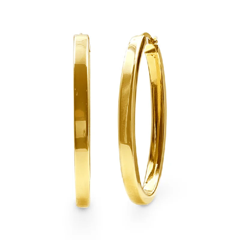 trendy statement earrings for women -9ct Yellow Gold Silver Infused Flat Tube Oval Hoop Earrings