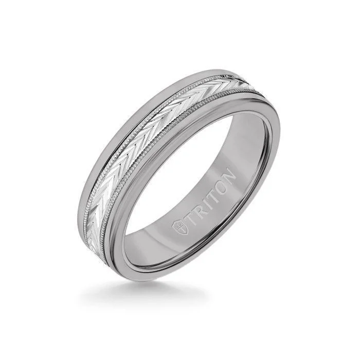 wedding bands sets for women -6MM Grey Tungsten Carbide Ring - Herringbone 14K White Gold Insert with Round Edge