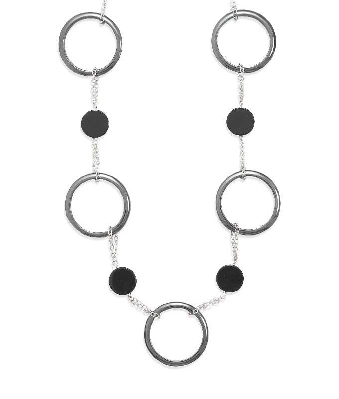 silver necklaces for women -Hematite and Black Onyx Necklace Sterling Silver Adjustable Circles