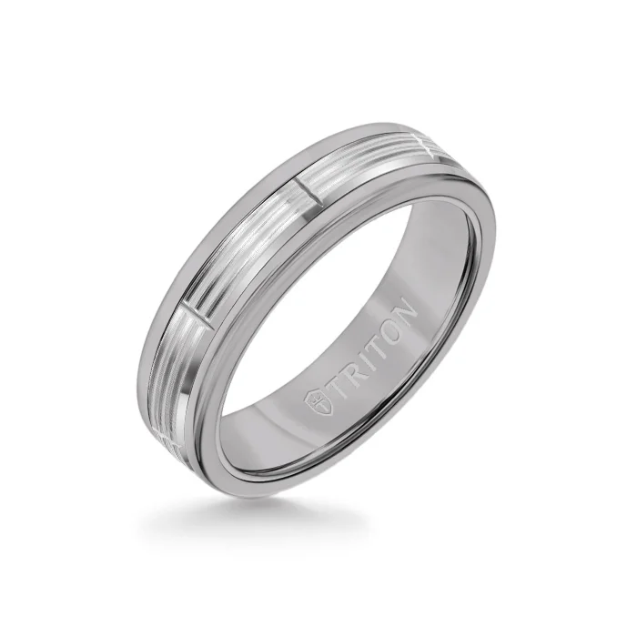 sapphire rings for women -6MM Grey Tungsten Carbide Ring - Serrated Vertical Cut 14K White Gold Insert with Round Edge