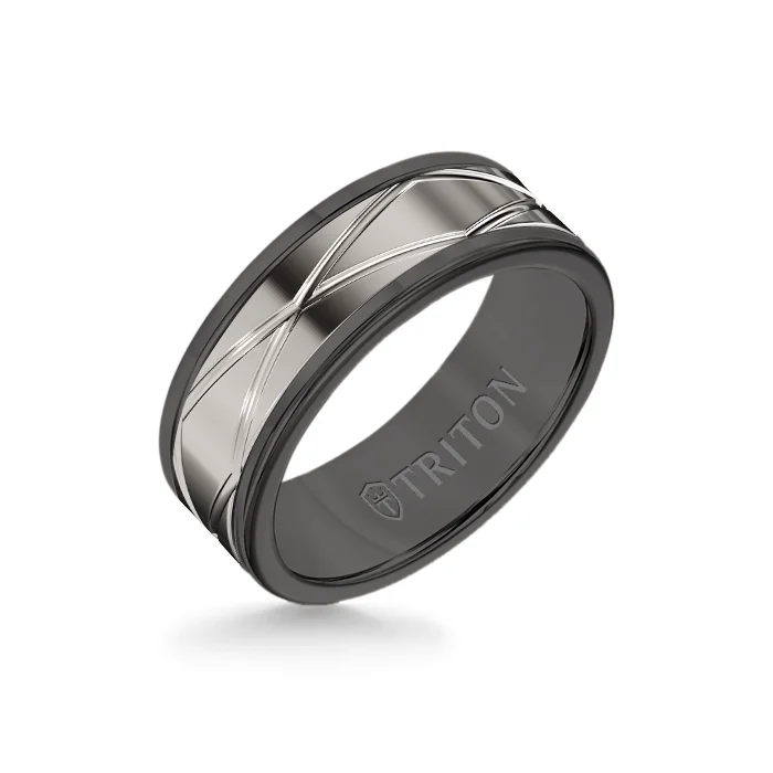 vintage rings for women -8MM Black Tungsten Carbide Ring – Oblong Infinity 14K White  Gold Insert with Round Edge