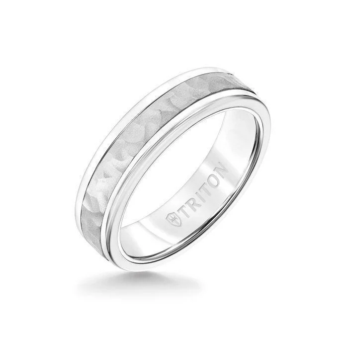 halo engagement rings -6MM White Tungsten Carbide Ring - Hammered 14K White Gold Insert with Round Edge