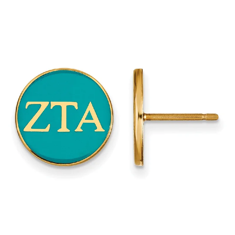 bold gold earrings for women -14K Plated Silver, Blue-Green Enamel Zeta Tau Alpha Post Earrings