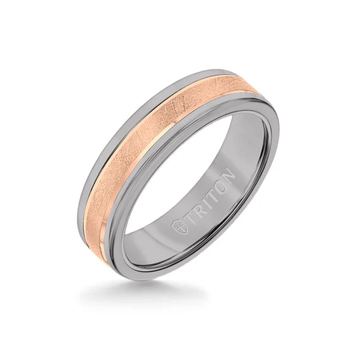 diamond wedding rings -6MM Grey Tungsten Carbide Ring - Crystalline 14K Rose Gold Insert with Round Edge