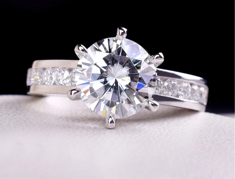 vintage wedding rings -2ctw 8mm F Round Gorgeous Moissanite Diamond Double Halo Platinum Plated Silver Ring