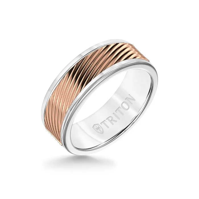 custom rings for women -8MM White Tungsten Carbide Ring – 3D Wave 14K Rose Gold Insert with Round Edge