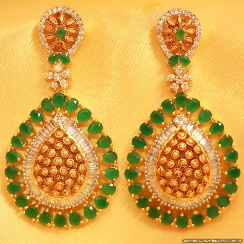 gold earrings for women -Antique Diamond look Green Onyx Danglers