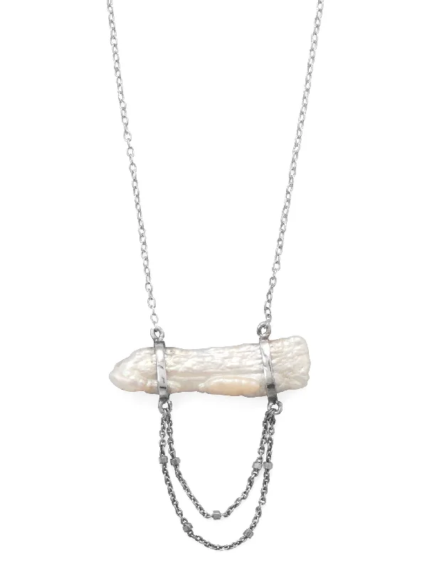 chunky necklaces for women -Cultured Freshwater Stick Pearl Necklace Sterling Silver with Double Chain Drop