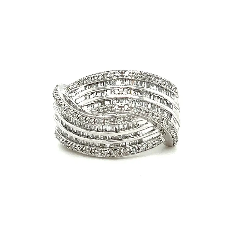 family birthstone rings -Estate 14K White Gold 1.50ctw Baguette Diamond Multi Row Swirl Ring