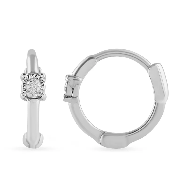 luxury diamond earrings for women -Diamond Set Huggie Hoop Earring in Sterling Silver