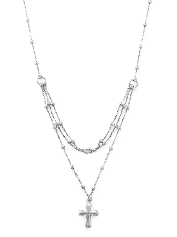 classic gold necklaces for women -Layered Cross Necklace Rhodium on Sterling Silver Satellite Chain Bead