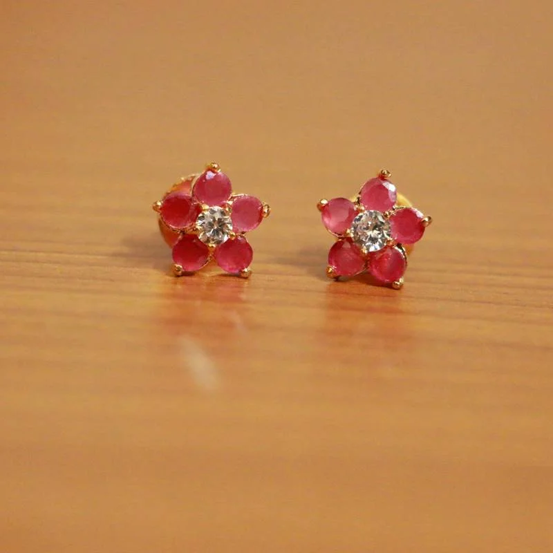 stud earrings for women -Ruby Diamond Look Gold Plated Flower look Studs