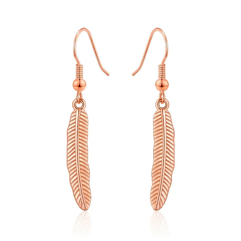 drop earrings for women -Rose Gold Plated Feather Earrings