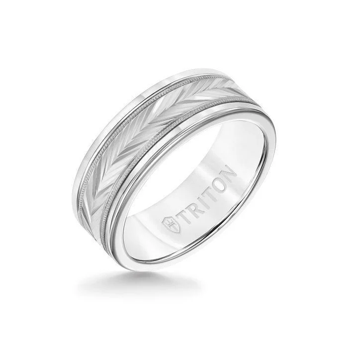 infinity engagement rings -8MM White Tungsten Carbide Ring - Herringbone 14K White Gold Insert with Round Edge