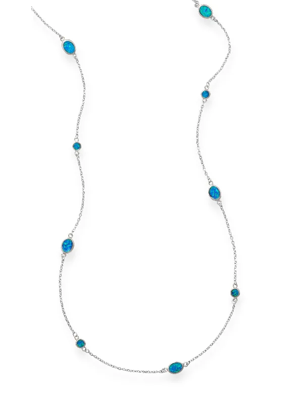 birthstone necklaces for women -Blue Opal Station Style Chain Necklace 46 inches in Length Sterling Silver