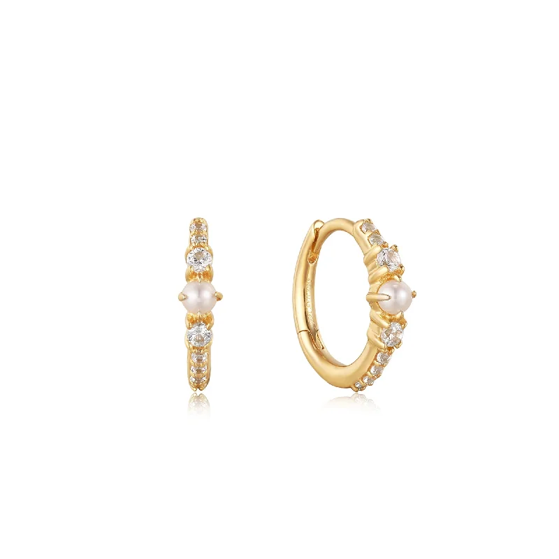 pearl drop earrings for women -Ania Haie 14kt Gold Pearl and White Sapphire Huggie Hoop Earrings